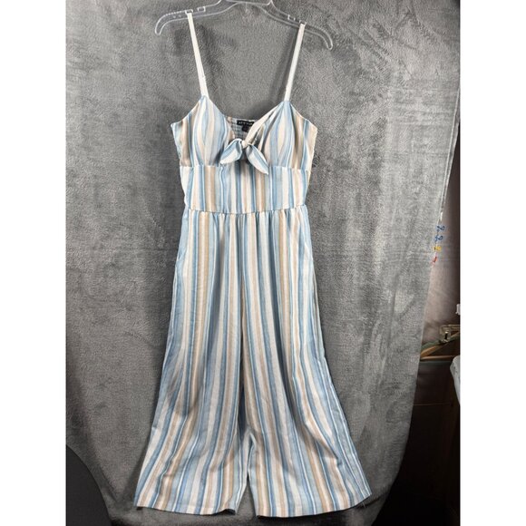 Womans Jumpsuit Striped With Bow Front By As U Wish Size L Blue & Beige - Picture 1 of 15